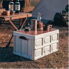 Пластиковий контейнер для зберігання 42.5×30×24см, пластиковий органайзер з дерев“яною кришкою для кемпінгу