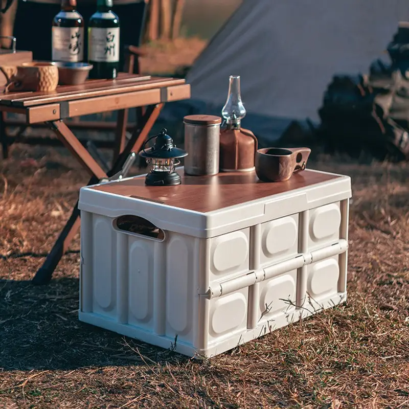 Пластиковий контейнер для зберігання 42.5×30×24см, пластиковий органайзер з дерев“яною кришкою для кемпінгу