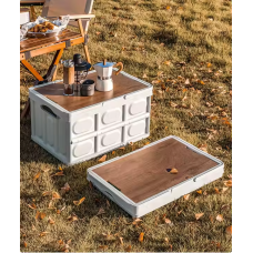 Складаний контейнер з кришкою і ручками 43,5×30×24см, пластиковий органайзер з дерев“яною кришкою для пікніка
