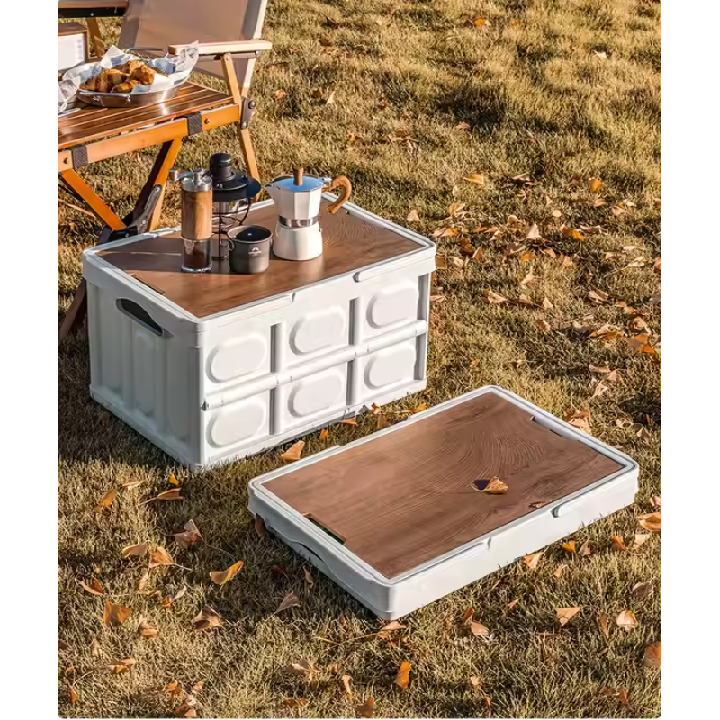 Складаний контейнер з кришкою і ручками 43,5×30×24см, пластиковий органайзер з дерев“яною кришкою для пікніка