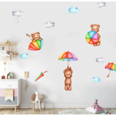 Вінілові наліпки «Ведмежата з парасольками» інтер“єрні декоративні для дитячої кімнати на стіну 30х90 см