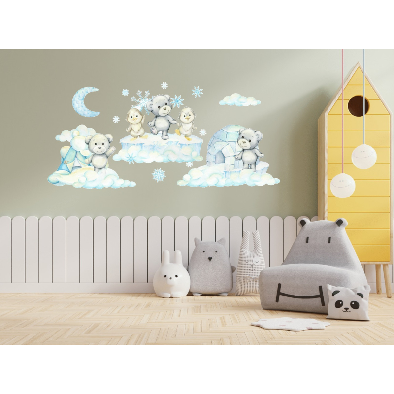 Вінілові наліпки «Ведмежата і пінгвіни» інтер“єрні декоративні для дитячої кімнати на стіну 30х90 см