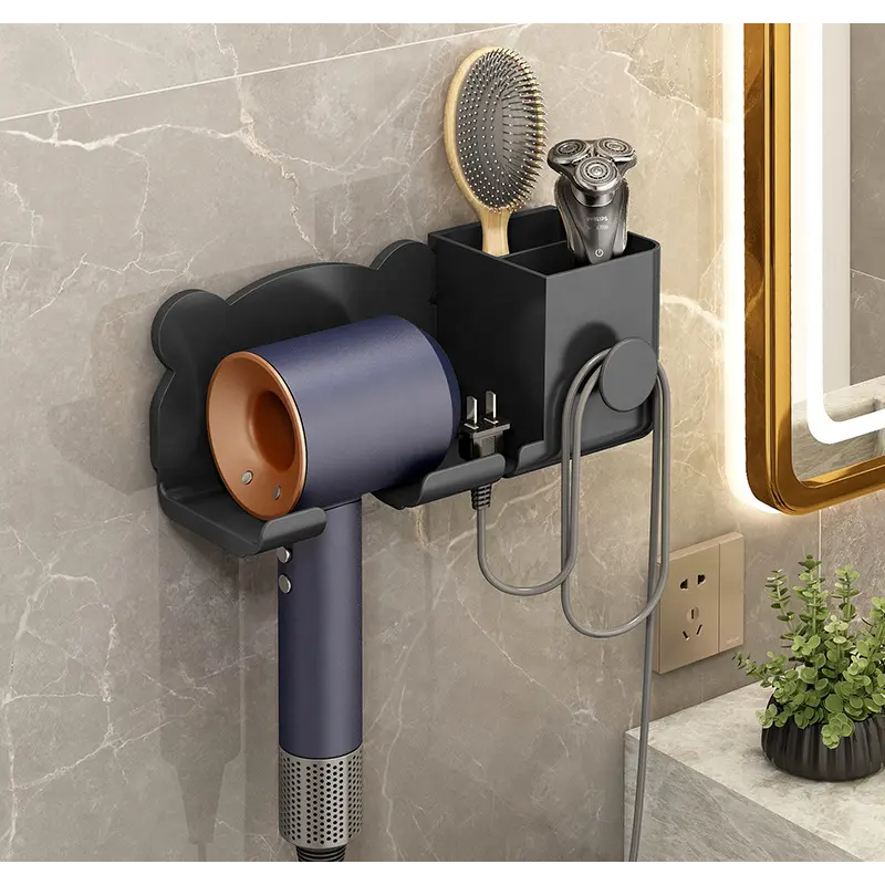 Органайзер пластиковий для ванної кімнати, настінний тримач для фена 23.2×8.2×9.2см, чорний колір