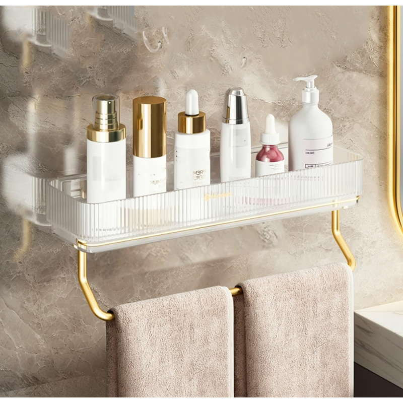 Настінний органайзер для ванної кімнати, полиця з тримачем для рушників, 41.5×10.5×6.5см, прозорий