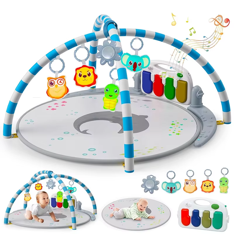 Дитячий ігровий килимок з піаніно, підвісними іграшками, розвивальний килимок у сірому кольорі