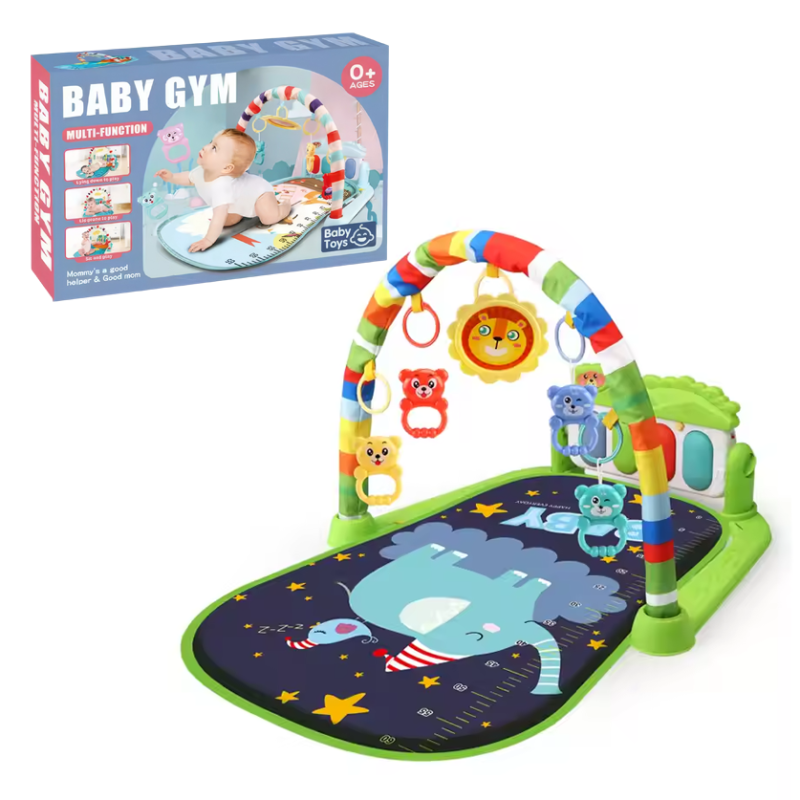 Ігровий дитячий килимок з музичним піаніно, підвісними іграшками, шкалою зросту, принт зелений слон