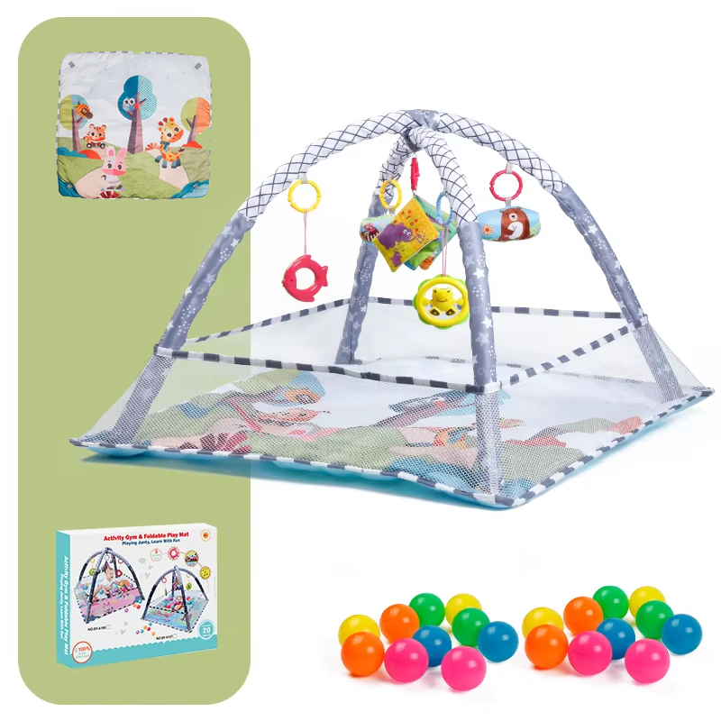 Дитячий розвивальний ігровий килимок-манеж із підвісками, манеж із захисною огорожею, 80x80x50см, зелений