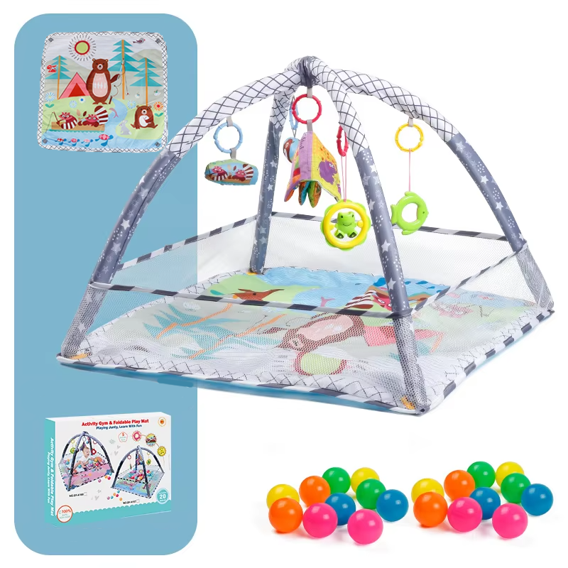 Дитячий ігровий килимок-манеж з підвісками, манеж для малюків з огорожею, 80x80x50см, блакитний