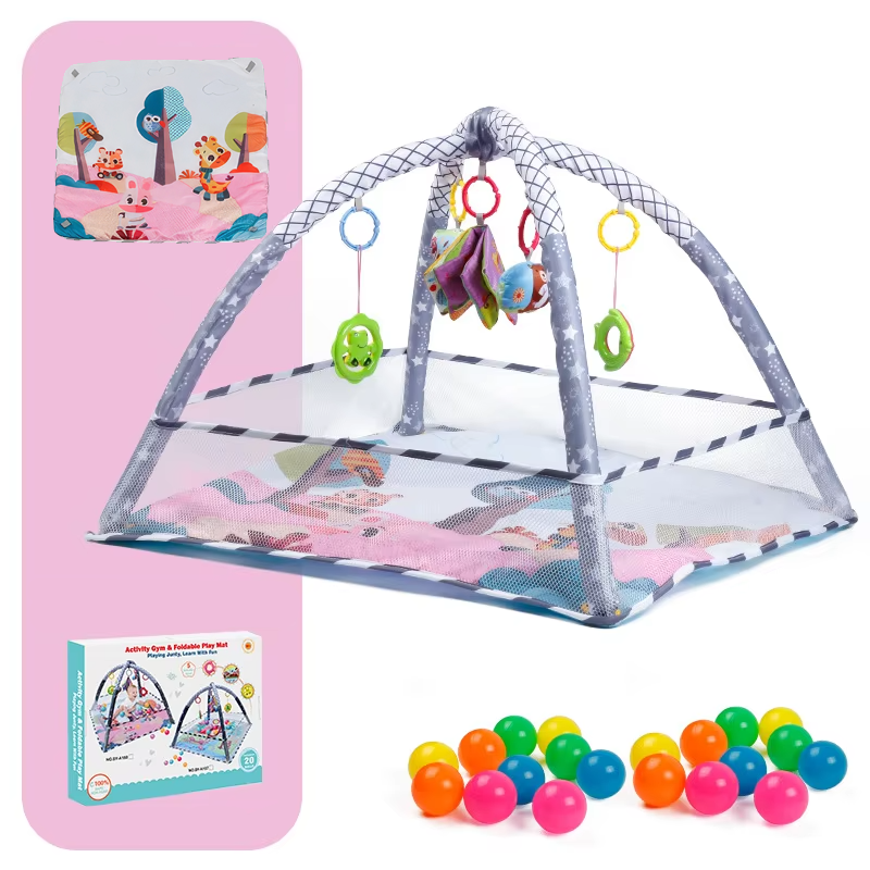 Розвиваючий килимок-манеж з підвісними іграшками, манеж для дітей з огорожею, 80x80x50см, рожевий