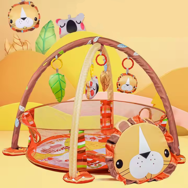 Дитячий килимок-манеж з дугами, іграшками та кульками, яскравий розвивальний килимок, модель Лев