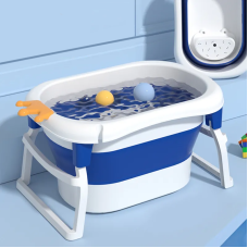Дитяча складна ванночка для купання, ванна для дітей зі зручним сидінням і зливною пробкою, складна ванночка біло-синя