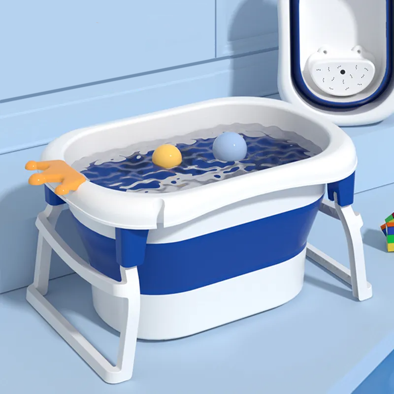 Дитяча складна ванночка для купання, ванна для дітей зі зручним сидінням і зливною пробкою, складна ванночка біло-синя