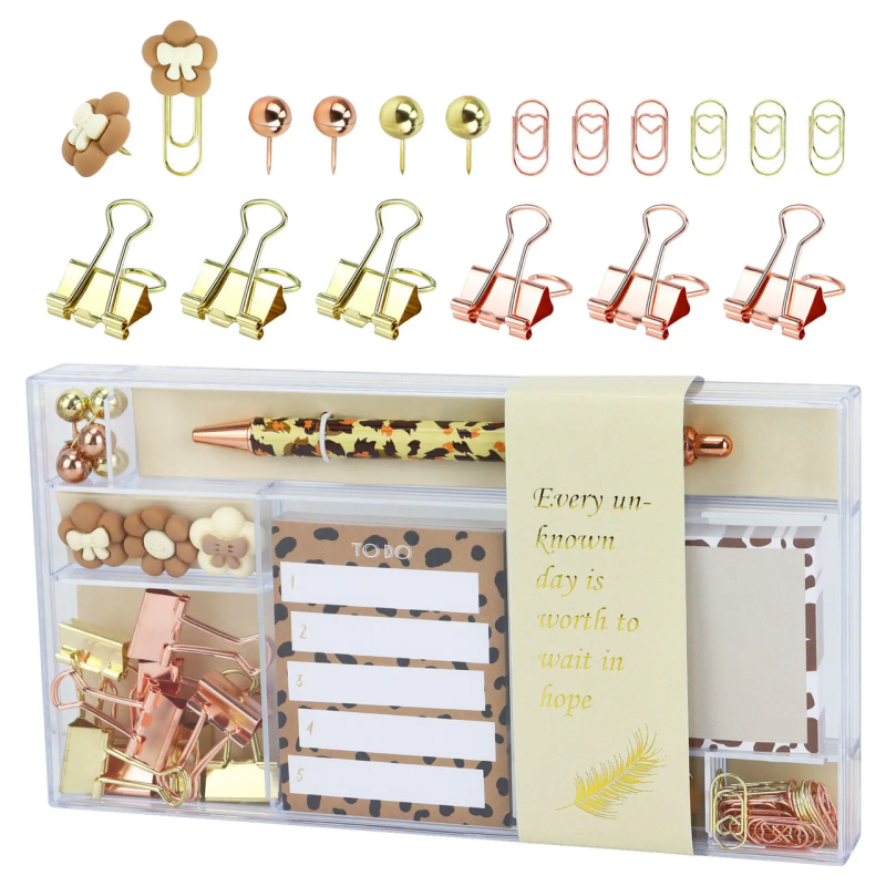 Подарунковий набір канцелярії для навчання і роботи, органайзер, ручка, скріпки і стікери, леопардовий бокс