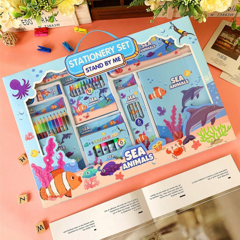 Творчий набір для малювання з пеналом, олівцями та маркерами, стиль Морська тематика, для дітей