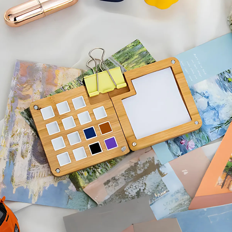 Портативна міні-палітра для акварелі, складна, дерев“яна, компактний розмір 15×7.5×0.8 см, для художників