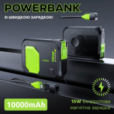Павербанк з магнітною бездротовою зарядкою 10000мАг, Powerbank зі швидкою зарядкою і відкидною підставкою Green