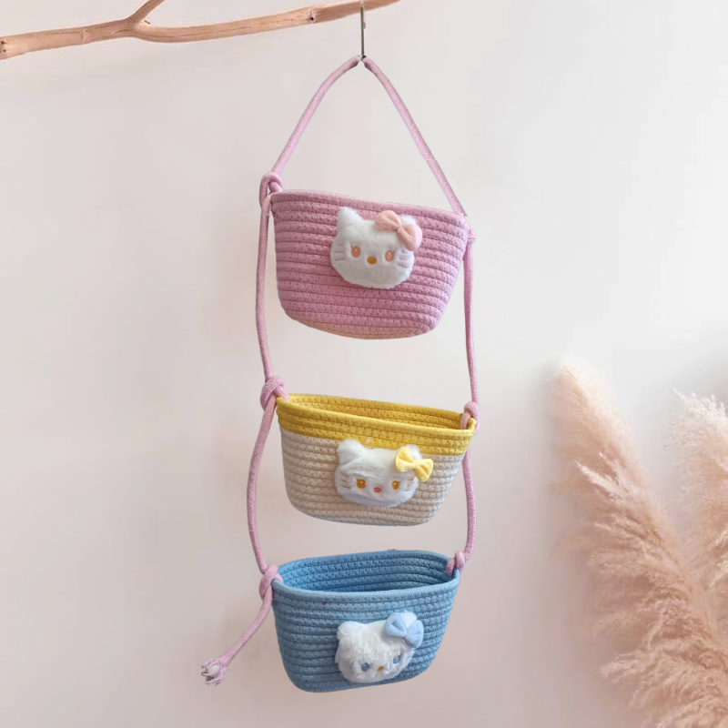 Навісний органайзер для дітей | Плетений кошик для зберігання іграшок, аксесуарів в дитячу кімнату, Кіт