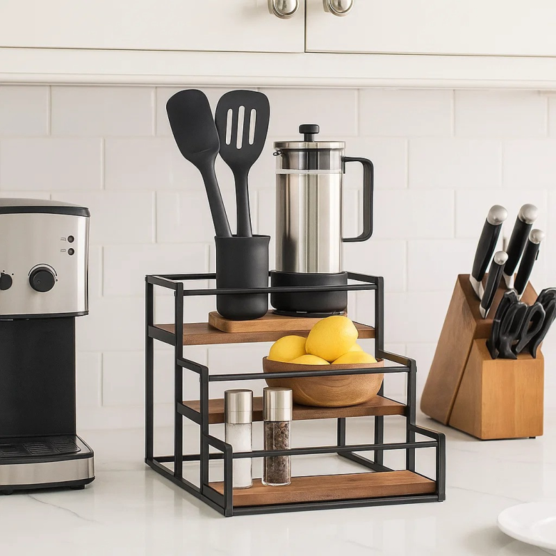 Полиця для кухні ванної або бару на 3 ступені для пляшок дерев“яна, стійка настільна ступінчаста для сиропів