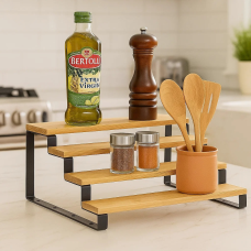 Полиця для ванної кімнати та кухні дерев“яна багатоярусна на 4 ступені для спецій, стійка ступінчаста для банок