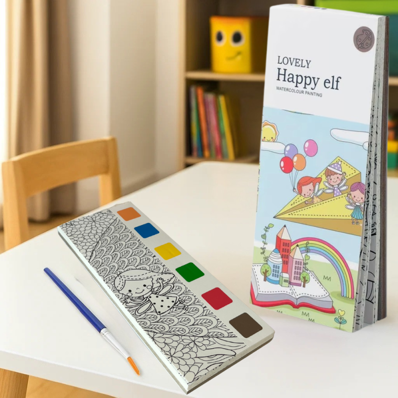 Альбом для розфарбовування акварельними фарбами “Happy elf“ розмальовка з пензликом для творчості
