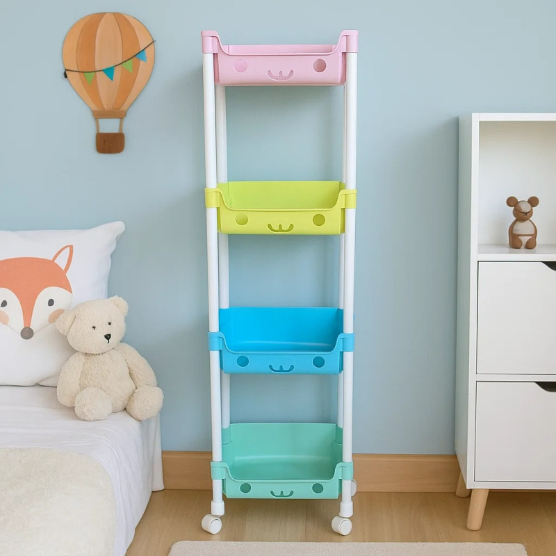 Дитячий стелаж пересувний,на чотири кошики органайзер, для іграшок в дитячу 106×31×21см, Різнокольоровий