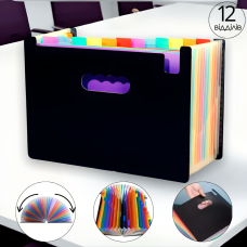 Папка-органайзер для зберігання документів і файлів формат А4 на 12 відділень,з кольоровими вкладками, чорна 330x240x20 мм