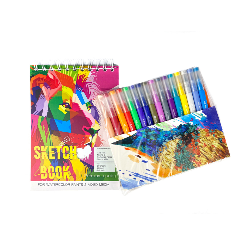 Набір маркерів із пензлем Brush Markers Pens 31 кольорів, двосторонні маркери + Альбом для скетчингу у форматі А5