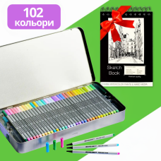 Набір різнокольорових лінерів в металевому кейсі 102 кольорів 0.4 мм + Альбом для скетчинга А4 на 50 аркушів