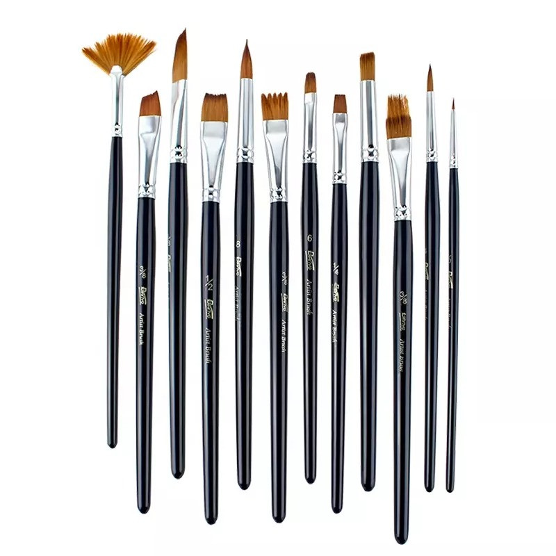 Набір нейлонових пензлів для малювання 12 шт з дерев“яною ручкою, кисті із синтетичного ворсу